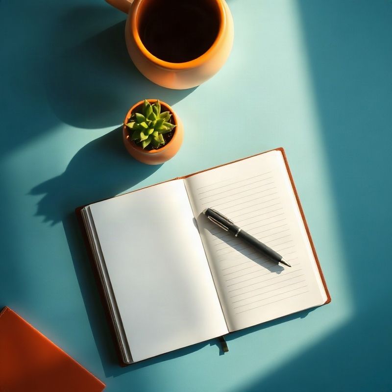 Editorial still life of a desk with notepad, pen, and a small succulent in warm morning light