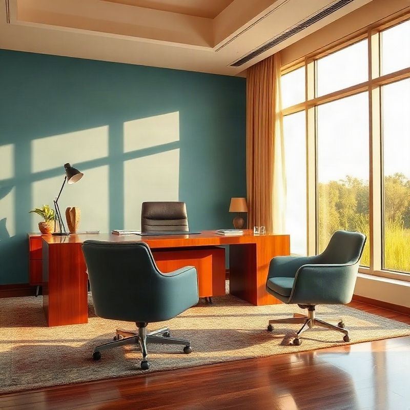 A polished Kakamega office interior with warm ochre wood and azure accent walls