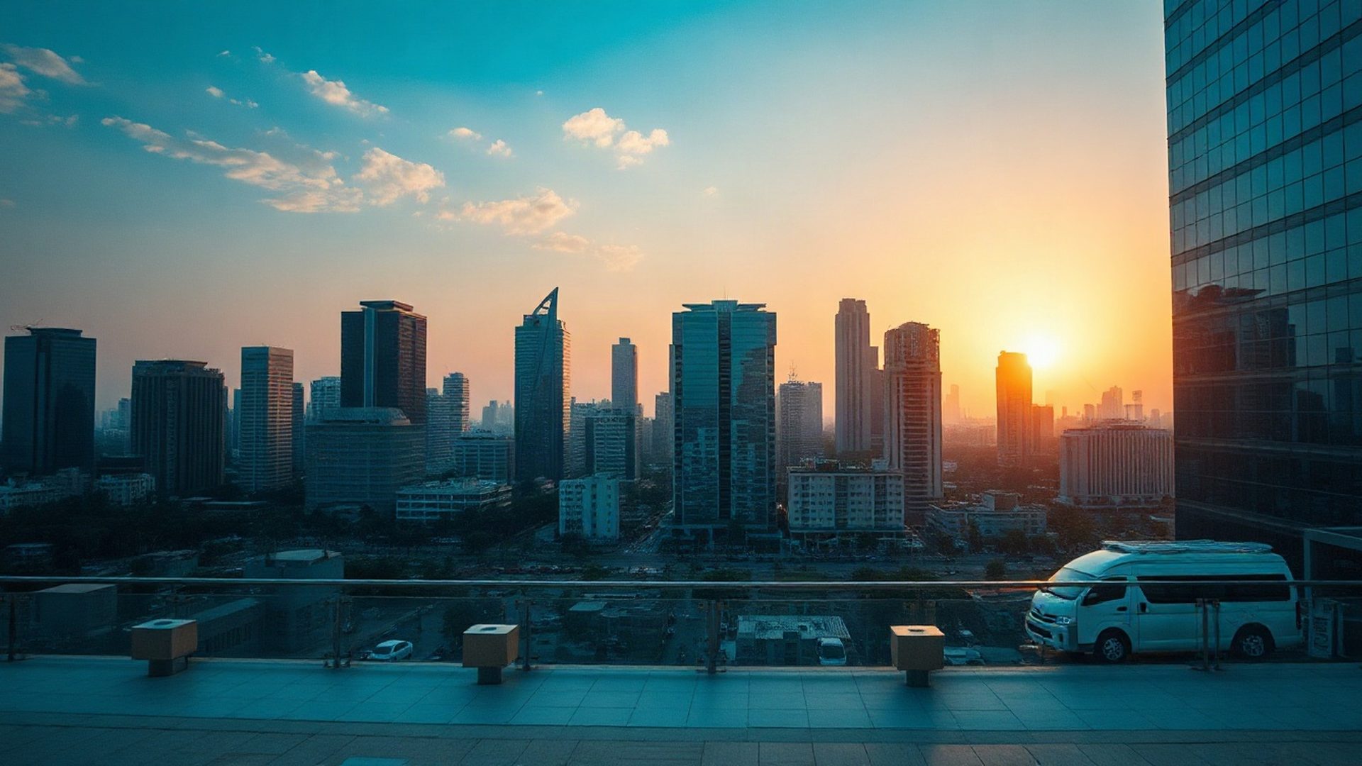 Architectural view of a financial district at equatorial dawn