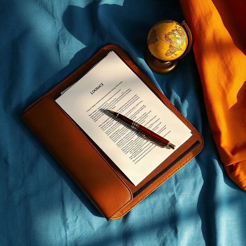 Editorial still life of legal documents, a fountain pen, and a small globe on an azure surface